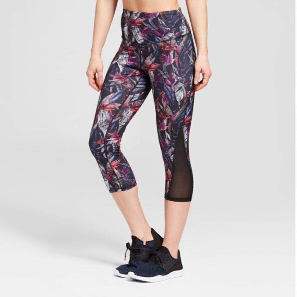 Champion S Black Multicolored Active Cropped Leggings Tropical Print Mesh